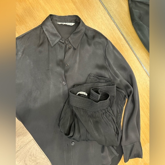 Zara Satin Effect Split Hem High Elastic Waist Trousers and Shirt - Black - Picture 5 of 7